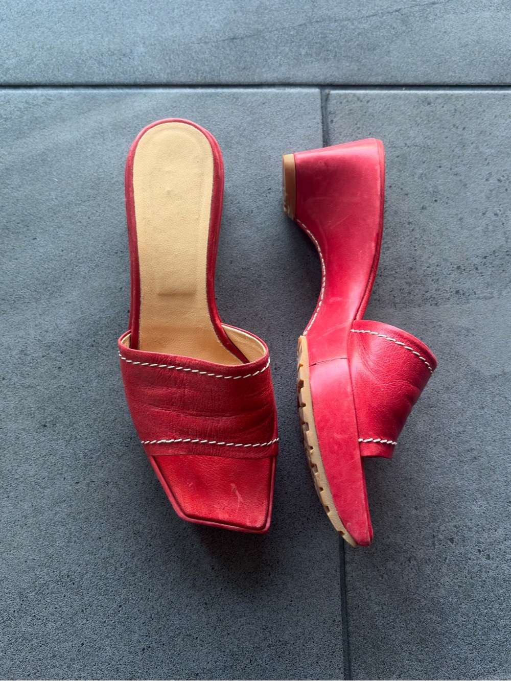 Otto Tootsi Plohound Red Leather Mule Sandals Sz 5.5 Chunky Y2K Platform Heel